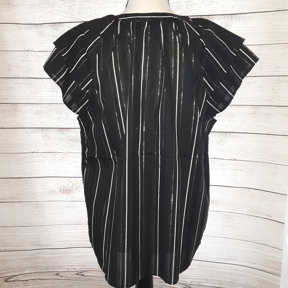Ann Taylor Black Striped Double Flutter Slv Blouse - Picture 4 of 8